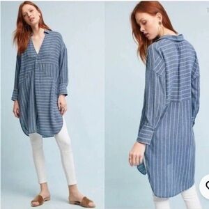 Akemi + Kin Anthropologie Strata Blue  White Striped Tunic Top Shirt Size Large